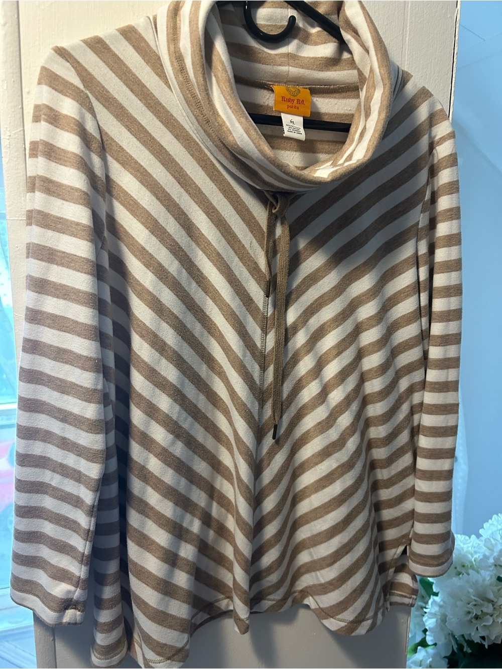 EUC RUBY RD. Striped Cowl Neck Sweater Long Sleeved, Tie Neck, Adjustable Sleeve